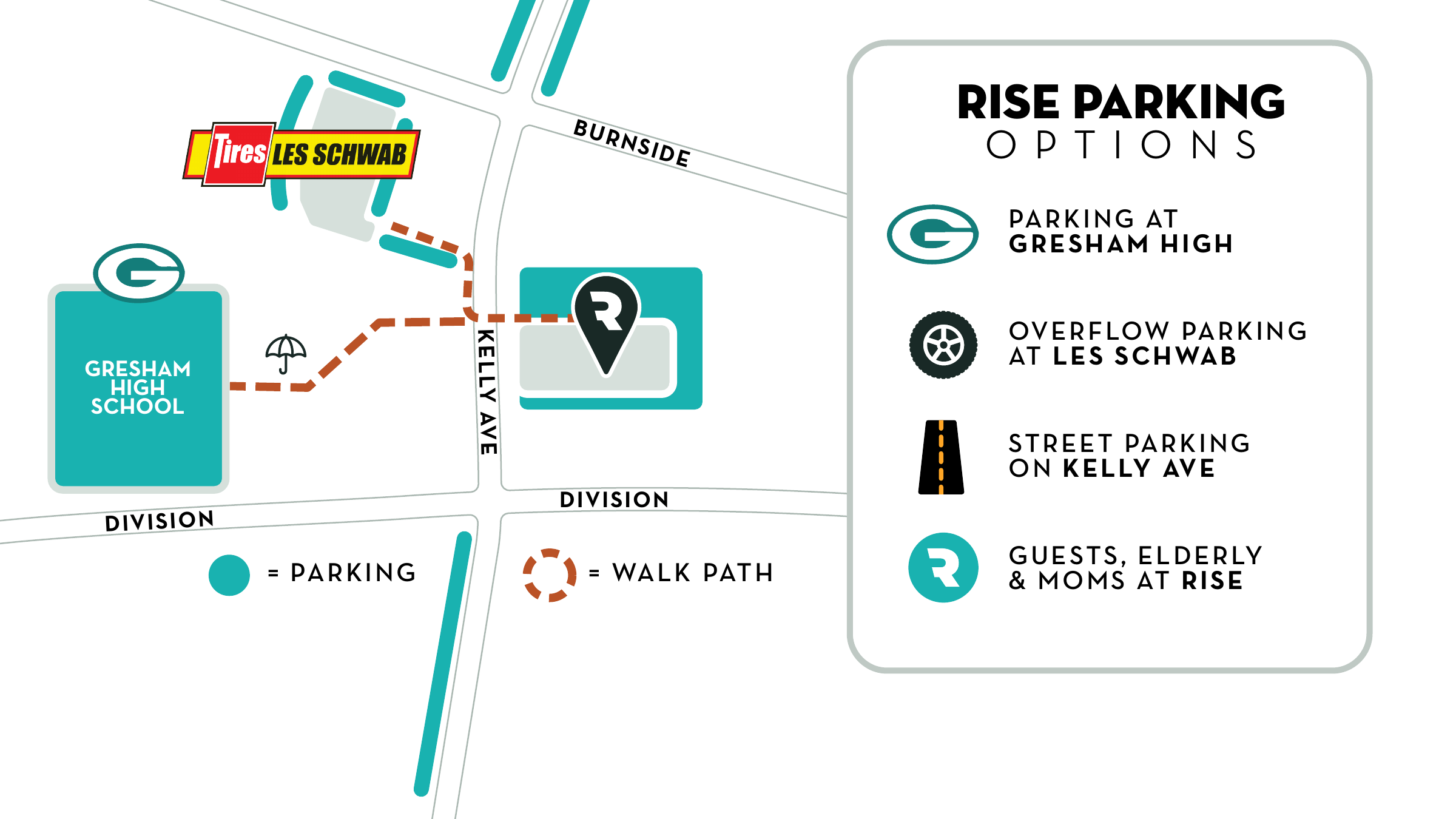 Parking map showing Rise, Gresham High School, and nearby parking options